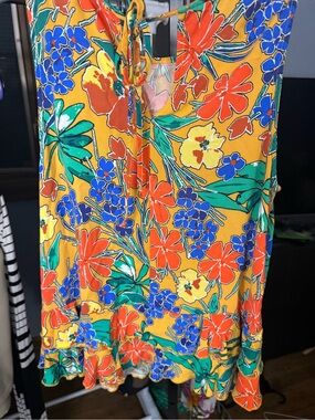 Studio Floral Tie-Neck Sleeveless Top in Mustard, Red, Blue and Green